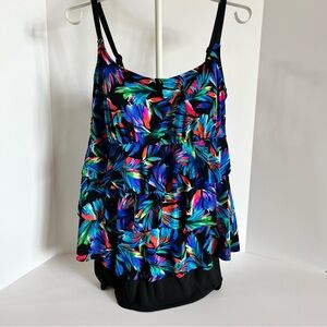 Great Lengths Black Multi-Color Ruffled One-Piece Swimsuit, size 14